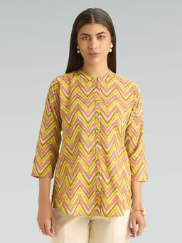 Women Plus - Yellow Pure Cotton Printed Short Kurti