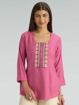 Women Plus - Pink Viscose Rayon Embroidered Thread Work Short Kurti