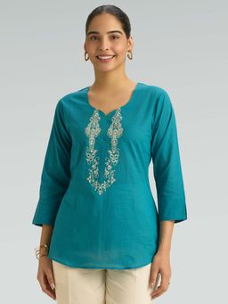 Women Plus - Blue Pure Cotton Embroidered Thread Work Short Kurti