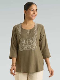 Women Plus - Brown Viscose Rayon Embroidered Thread Work Short Kurti