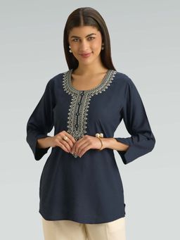 Women Plus - Navy Blue Viscose Rayon Embroidered Thread Work Short Kurti