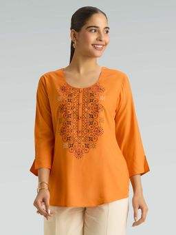 Women Plus - Orange Viscose Rayon Embroidered Thread Work Short Kurti