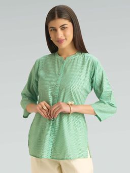 Women Plus - Green Pure Cotton Printed Short Kurti