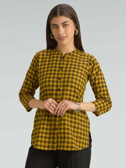 Women Plus - Mustard Pure Cotton Checks Printed Short Kurti
