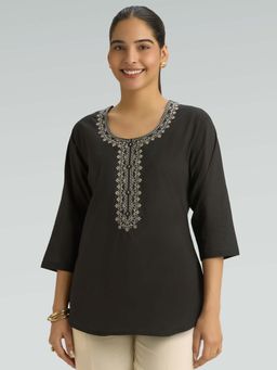 Women Plus - Black Pure Cotton Embroidered Thread Work Short Kurti