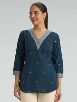 Women Plus - Teal Pure Cotton Woven Short Kurti