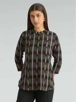 Women Plus - Black Pure Cotton Printed Ikat Short Kurti