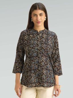 Women Plus - Brown Pure Cotton Floral Printed Short Kurti