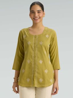 Women Plus - Olive Pure Cotton Floral Embroidered Short Kurti