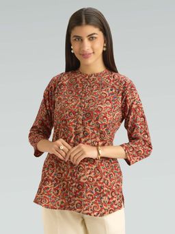 Women Plus - Red Pure Cotton Floral Printed Short Kurti