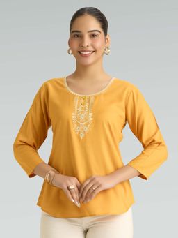 Women Plus - Yellow Viscose Rayon Embroidered Mirror Work Tunic