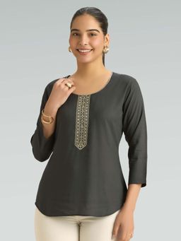Women Plus - Charcoal Viscose Rayon Floral Embroidered Tunic