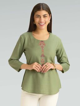 Women Plus - Green Viscose Rayon Embroidered Thread Work Tunic