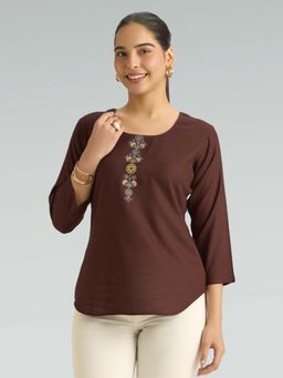 Women Plus - Brown Viscose Rayon Floral Embroidered Tunic