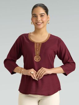 Women Plus - Maroon Viscose Rayon Embroidered Thread Work Tunic