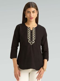 Women Plus - Black Pure Cotton Embroidered Thread Work Tunic