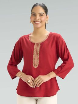 Women Plus - Red Viscose Rayon Embroidered Thread Work Tunic