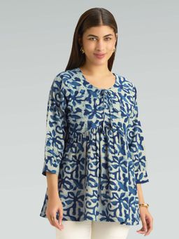 Women Plus - Blue Pure Cotton Floral Printed Tunic
