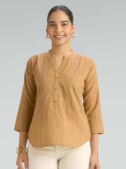 Women Plus - Beige Pure Cotton Stripes Printed Tunic
