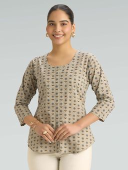 Women Plus - Beige Pure Cotton Floral Printed Tunic