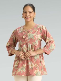 Women Plus - Peach Pure Cotton Floral Printed Tunic