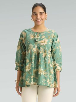 Women Plus - Green Pure Cotton Floral Printed Tunic