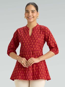 Women Plus - Red Pure Cotton Floral Printed Tunic