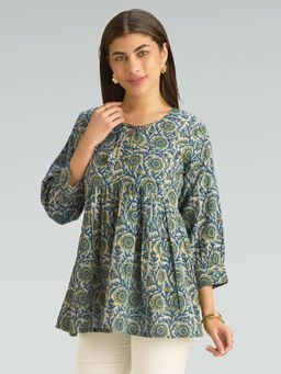 Women Plus - Blue Pure Cotton Floral Printed Tunic