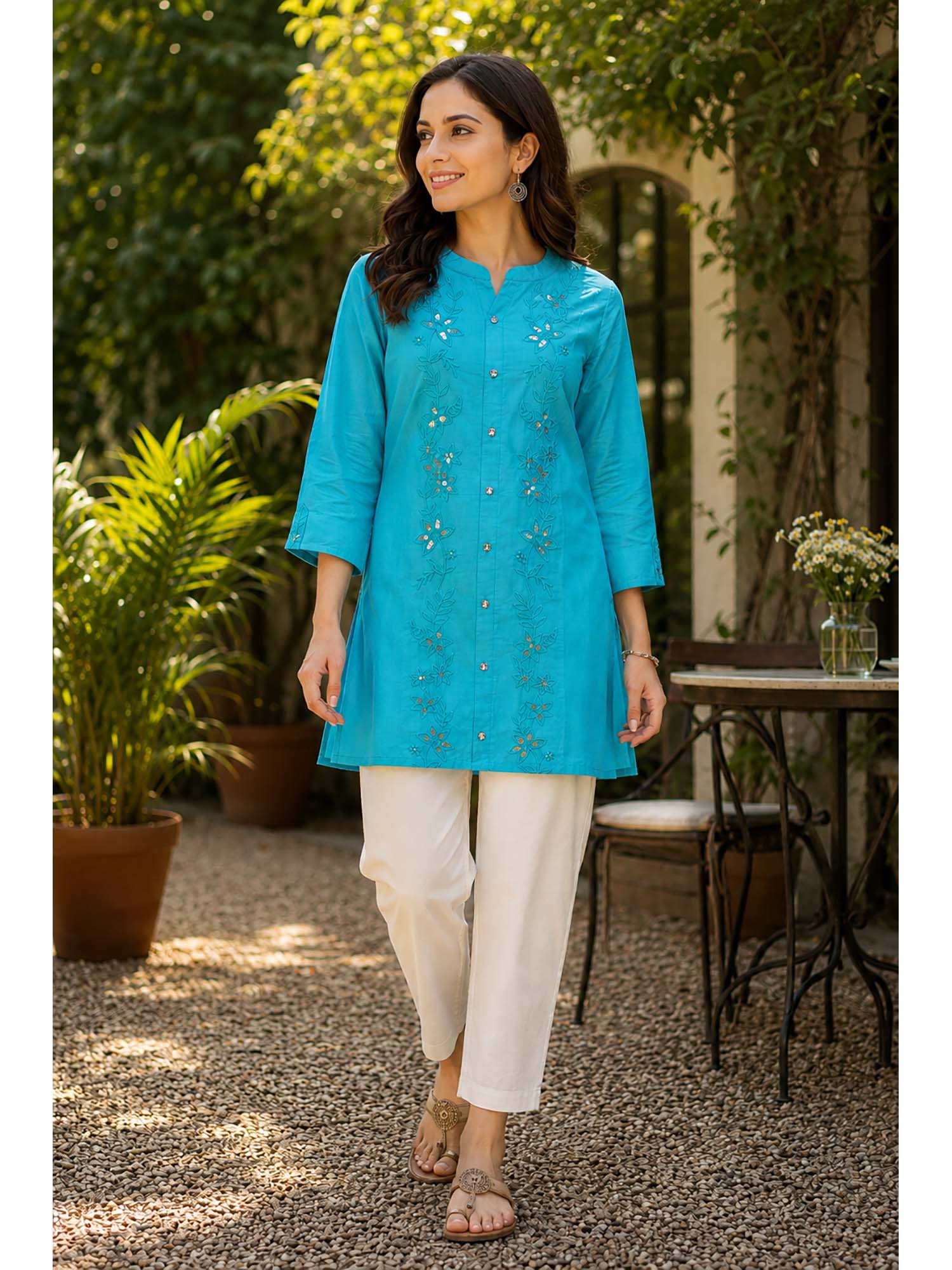 Blue Pure Cotton Embroidered Sequined Work Kurti-image-5