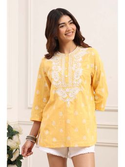 Biba - Yellow Cotton Embroidered Sequined Work Short Kurti