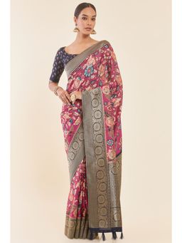 Soch - Onion Pink Multi-Color Floral Printed Tussar Saree with Zari Design and Unstitched Blouse