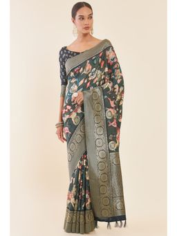 Soch - Charcoal Pichwai Printed Tussar Saree with Zari Woven Design and Unstitched Blouse