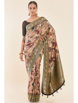Soch - Multi-Color Tussar Floral Printed Saree with Zari Woven Motifs and Unstitched Blouse