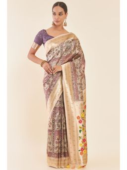 Soch - Beige Floral Printed Saree with Zari Woven Design and Unstitched Blouse