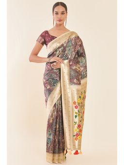 Soch - Multi-Color Tussar Saree with Printed Design and Floral Pallu with Unstitched Blouse