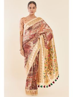 Soch - Beige Mughal Floral Printed Saree with Zari Woven Design and Unstitched Blouse