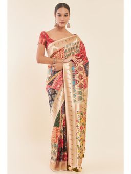 Soch - Tussar Saree with Floral Printed Design and Zari Woven Pallu with Unstitched Blouse