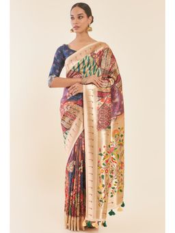 Soch - Multi-Color Tussar Saree with Printed Design and Floral Pallu with Unstitched Blouse