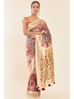 Soch - Multi-Color Ethnic Printed Tussar with Woven Zari and Floral Design with Unstitched Blouse