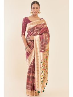 Soch - Multi-Color Ethnic Printed Tussar with Woven Zari and Floral Design with Unstitched Blouse
