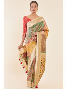 Soch - Multi-Color Paisley Printed Tussar Saree with Floral Pallu and Unstitched Blouse