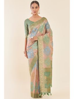 Soch - Multi-Color Tussar Saree with Printed and Woven Floral Zari Design with Unstitched Blouse