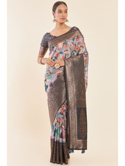 Soch - Grey Pichwai Printed Tussar Saree with Zari Woven Design and Unstitched Blouse
