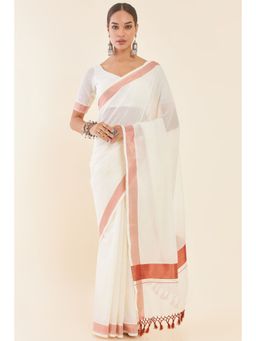 Soch - Off White Cotton Kasavu Saree with Copper Zari Borders and Unstitched Blouse