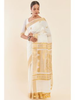 Soch - Off White Cotton Kasavu Saree with Zari Woven Design and Motifs with Unstitched Blouse