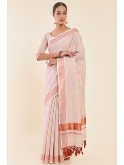Soch - Peach Tissue Kasavu Saree with Zari Borders and Unstitched Blouse
