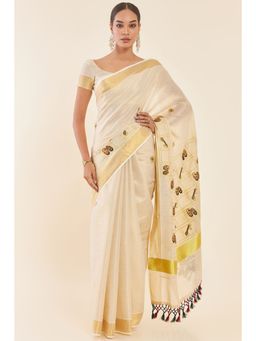Soch - Gold Tissue Kasavu Saree with Embroidered Ethnic Motifs and Unstitched Blouse