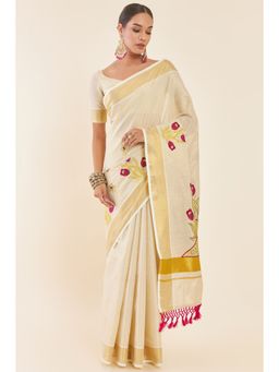 Soch - Gold Tissue Kasavu Saree with Floral Design and Zari Borders with Unstitched Blouse