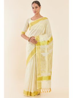 Soch - Off White Tissue Kasavu Saree with Zari Woven Ethnic Design and Unstitched Blouse
