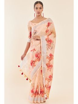 Soch - Peach Linen Saree with Floral Print and Zari Borders with Unstitched Blouse